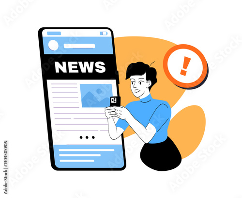 Woman reads news. Young girl near smartphone with digital newspaper. Mass media and journalism. Press and article on internet. Online rumors and gossips. Linear vector illustration