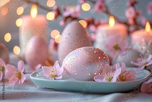 a glittering pastel egg resting on a white porcelain plate, surrounded by candles and flowers