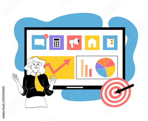 Businesswoman talks about success. Woman near computer screen with graphs and diagrams. Business communication and presentation. Lecture and coach. Linear vector illustration