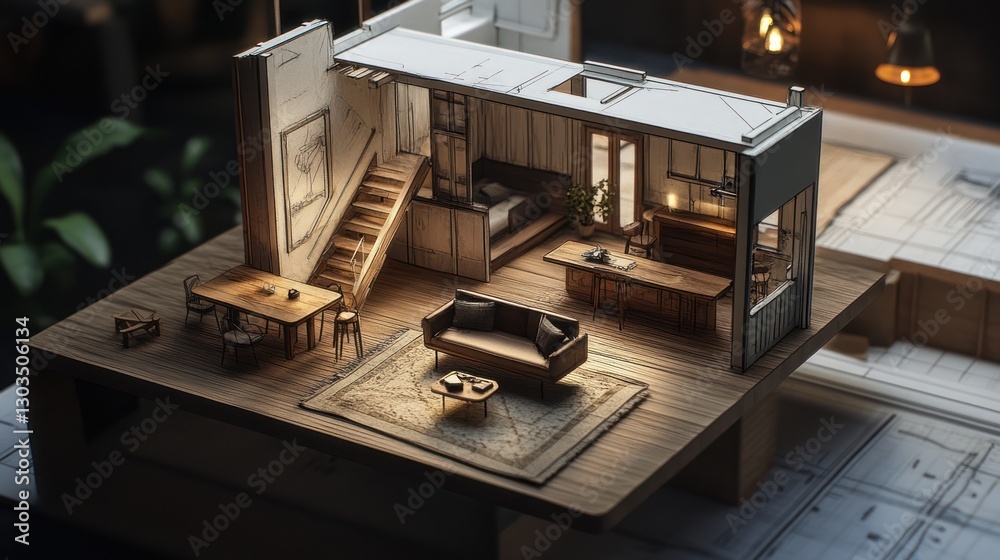 Miniature wooden model of a small apartment interior, showing a living area, bedroom, and dining area, used for architectural design presentations or home decor inspiration Miniature wooden model of a small apartment interior, showing a living area, bedroom, and dining area, used for architectural design presentations or home decor inspiration