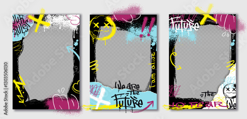 Graffiti posters set. Street and wall art. Grunge and dirty style inscriptions. Place for text and presentation, copy space. Flat vector collection