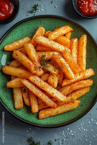 Crispy Golden Fries Served in a Green Bowl at a Casual Dining Setting