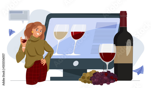 Online wine review. Woman with glass of alcoholic drink and grapes. Ranking and rating. Users opinions and feedback. Online sommelier with alcohol. Flat vector illustration