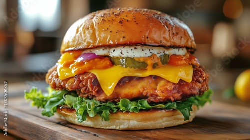 Delicious Sesame Seed Bun Chicken Burger With Melty Cheese and Fresh Toppings