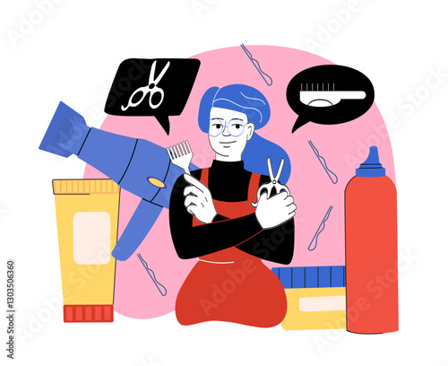 Hairdresser woman concept. Young girl with scissors and hairdresser near creams and lotions. Beauty procedures, fashion and style. Barber or hairdresser. Linear vector illustration