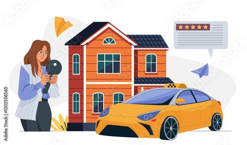 Hotel tourism concept. Woman with key near automobile and hostel. Traveler and tourist booking room, accommodation. Holiday and vacation, tourism. Flat vector illustration