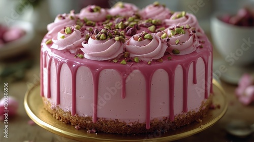 Sweet Pink Cake With Decorative Frosting and Nuts Displayed on a Golden Plate