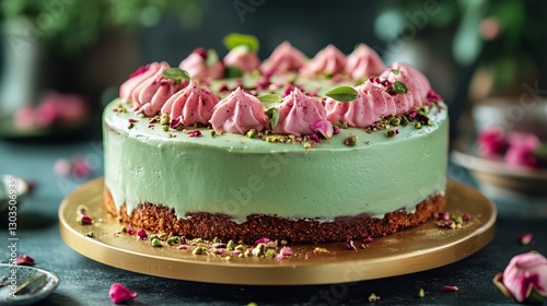 Elegant Mint Green Cake Adorned With Pink Frosting and Pistachios on a Golden...