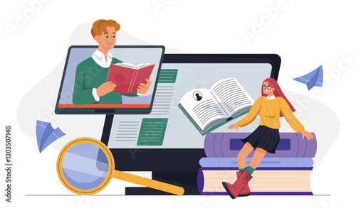 Librarian online concept. Woman with stack of books near computer. Love for reading and literature. Electronic bookstore with digital books. Flat vector illustration