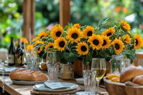 Sunny Outdoor Brunch Setup With Fresh Flowers and Delicious Food