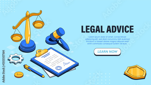Legal advice isometric poster. Judge gavel, scales and contract. Legal support and defending. Lawyer and notary, advocacy. Landing page design. Linear vector illustration