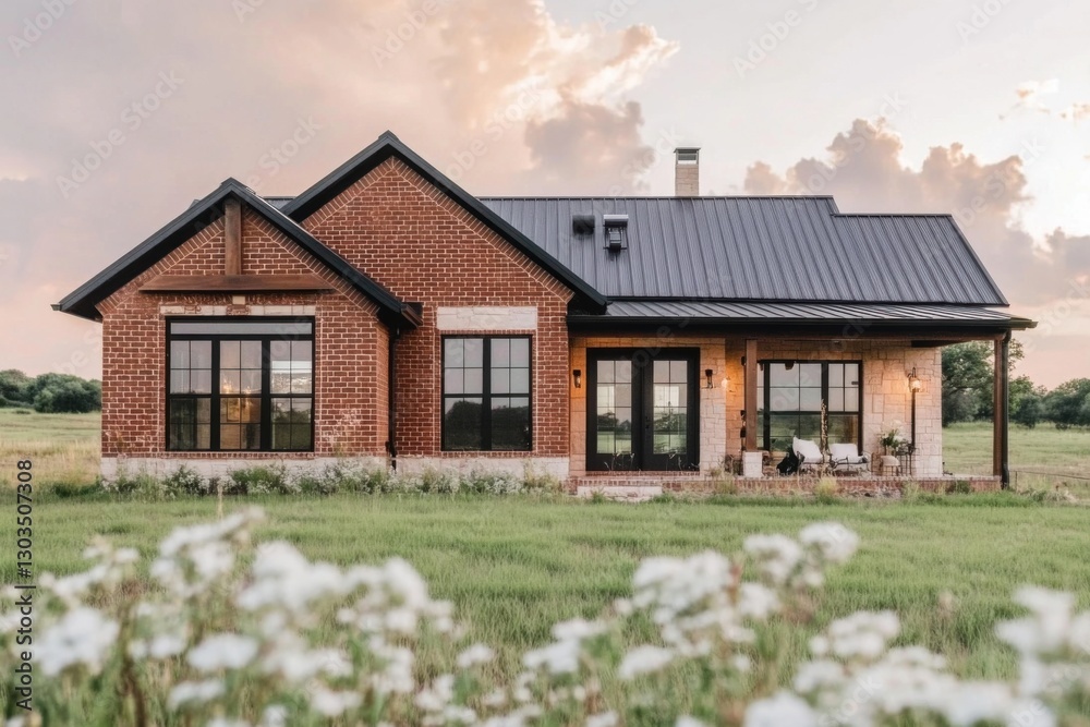Fototapeta premium Nestled in a serene rural setting, this captivating brick house showcases a contemporary design that beautifully contrasts with the vibrant greenery surrounding it, especially breathtaking at sunset