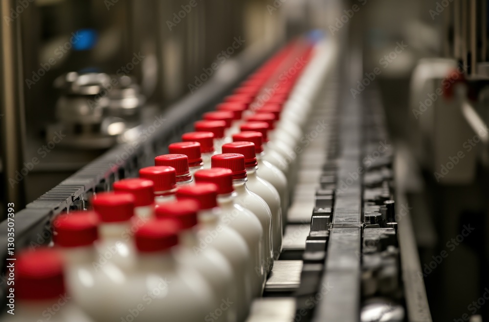 Obraz premium Production line of milk bottles with red caps in a factory setting, showcasing the manufacturing process and industrial efficiency in dairy production