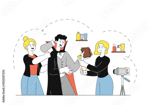 Dracula makeup concept. Make up artists and costume designers dress man in Dracula. Preparation for Halloween and fear of horror. Creepy and scary character. Linear vector illustration