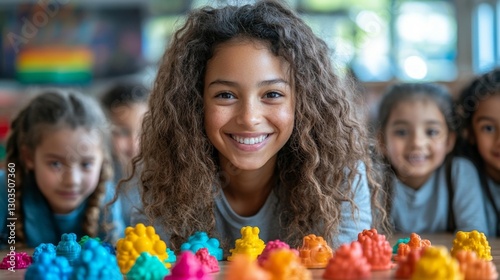 Smiling girl playing with colorful plastic toys in a classroom with friends. Generative AI photo