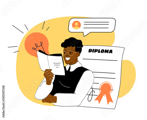Man with diploma. Young guy with certificate. Education, learning and training in university or college. Graduated student with documents. Linear vector illustration