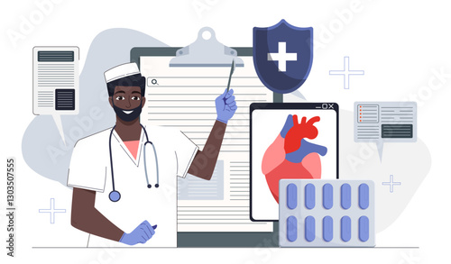 Online cardiologist concept. Man in medical uniform near structure of heart. Anatomy and cardiology. Consultation with doctor on internet. Flat vector illustration
