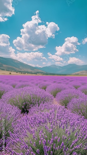 Lavender Field in Full Bloom Under a Bright Blue Sky With Fluffy Clouds in th...