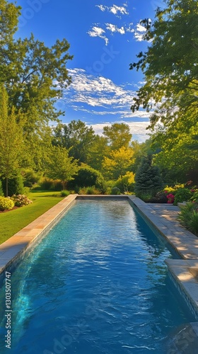 Relaxing Afternoon by a Clear Swimming Pool Surrounded by Trees in a Serene N...