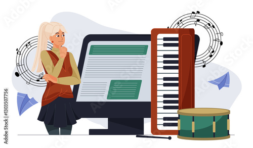 Music class online. Woman near computer, piano and drums. Digital education, learning and training. Concert or rehearsal on internet. Hobby and leisure. Flat vector illustration