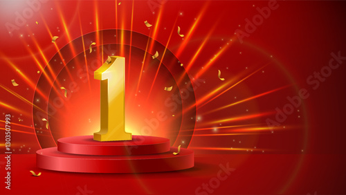 Number one poster. Red podium or pedestal with golden shiny number 1. Award and reward for winner in competition or championship. Congratulations banner. Isometric vector illustration