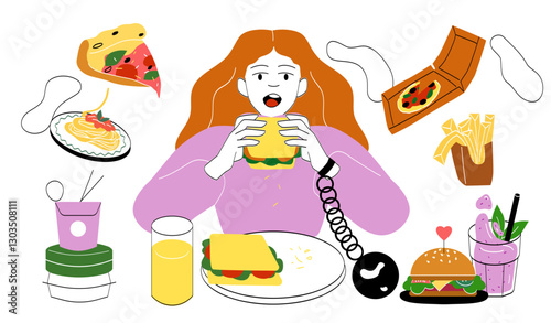 Overeating woman concept. Young girl near sandwiches, hamburgers and pizza slices. Takeaway eating and fast food. Unhealthy living and eating. Linear vector illustration
