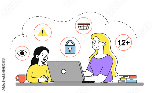 Parental control concept. Woman with girl sitting with laptop. Safety and security on internet. Closed access to websites for children. Linear vector illustration