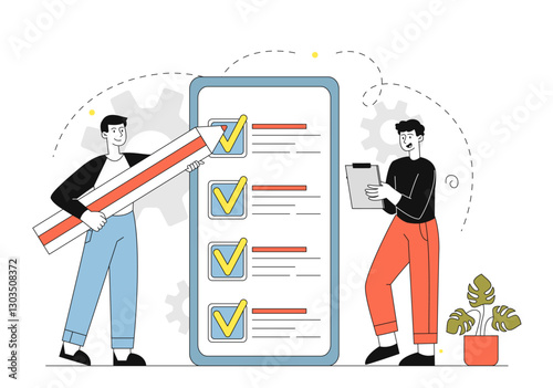 People make plan. Two men with pencil near clipboard. Questionnaire, reminder and checkmark. Planning and strategy development, time management. Linear vector illustration