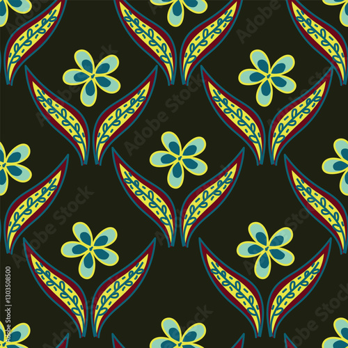 Trendy Floral pattern in the many kind of flowers. Tropical botanical Motifs scattered random. Seamless vector texture. Printing with in hand drawn style on dark background
