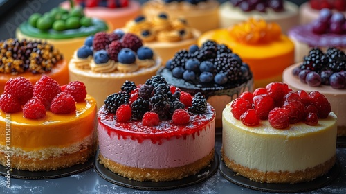 Colorful Display of Assorted Fruit Cheesecakes in a Bakery During a Sunny Aft...