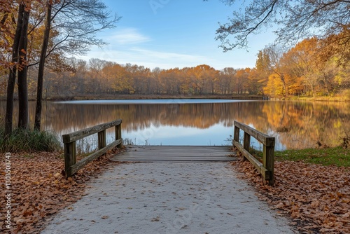 Autumn Tranquility at a Serene Lake With Vibrant Foliage and Wooden Bridge