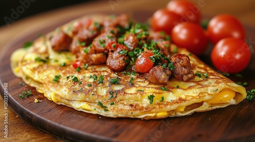Savory Omelette Topped With Sauted Sausage and Fresh Tomatoes on a Rustic Woo...