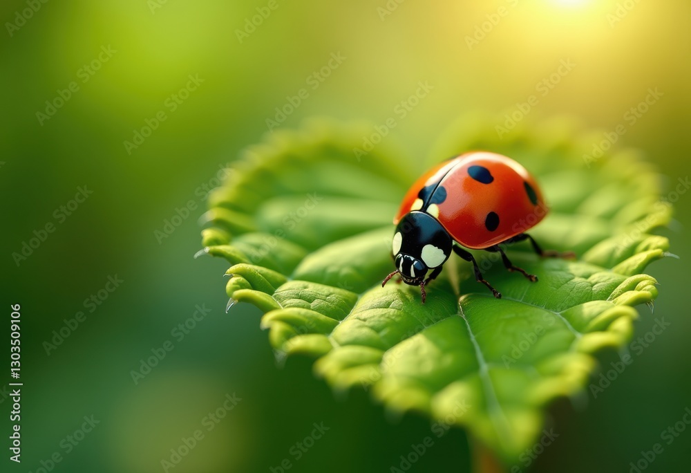 Fototapeta premium macro shot colorful ladybug resting fresh green showcasing rich textures bright colors nature, insect, vibrant, wildlife, vivid, detail, pattern, flora