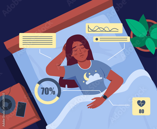 Sleep tracker infographic. Woman sleeping with smartwatches. Modern gadget and device for sleep control. Healthy lifestyle and correct daily routine. Flat vector illustration