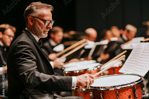 Drummer in a symphony orchestra, meticulously playing snare drums with focused expression, wearing classic formal attire in a concert setting.