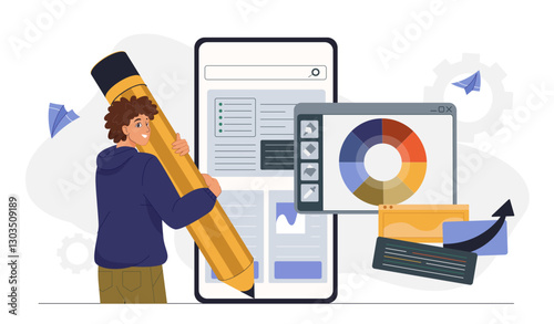 SMM filling blog. Man with huge pencil near smartphone. Content creator and talented author. Advertising and marketing on internet. Website optimization. Flat vector illustration