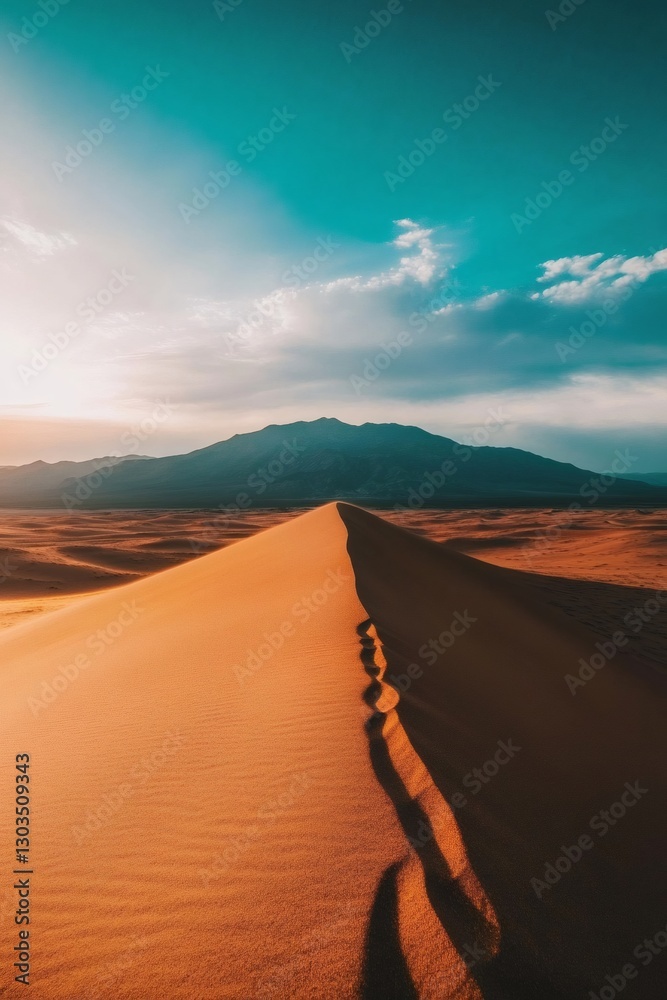 Golden Sands: A sweeping desert landscape, with towering sand dunes leading the eye towards a distant mountain range. The sky above, a canvas of contrasting blues, adds a sense of depth and vastness. Golden Sands: A sweeping desert landscape, with towering sand dunes leading the eye towards a distant mountain range. The sky above, a canvas of contrasting blues, adds a sense of depth and vastness.