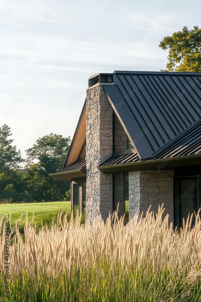Beautiful modern house with stone exterior and metal roof surrounded by tall grass under a clear sky in a serene landscape setting Beautiful modern house with stone exterior and metal roof surrounded by tall grass under a clear sky in a serene landscape setting