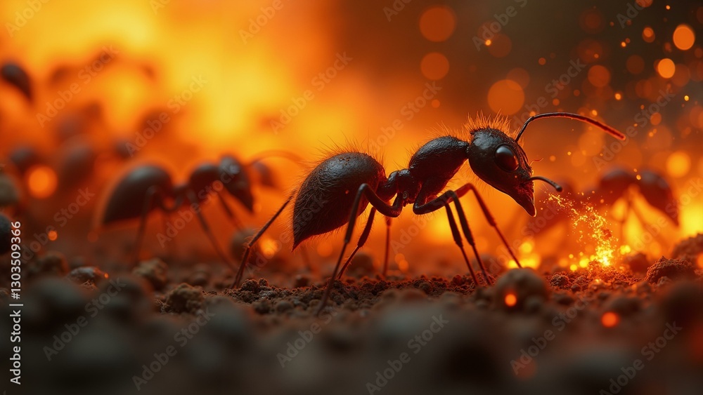 A swarming, attacking fire ant colony with photorealistic details and a fiery venom., ultra detailed, 8k resolution, HDR, professional A swarming, attacking fire ant colony with photorealistic details and a fiery venom., ultra detailed, 8k resolution, HDR, professional