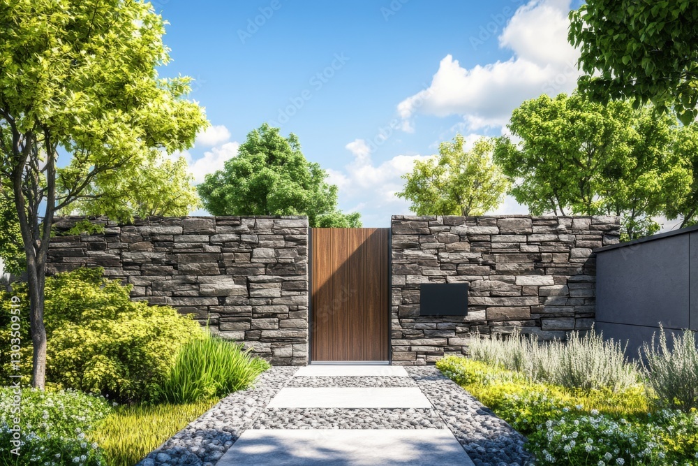 Fototapeta premium The entrance to a beautiful garden features a sturdy stone wall and an inviting wooden gate. It is set against a backdrop of a clear blue sky during the daytime.