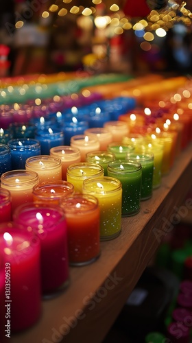 Colorful Candles on Display at a Market Stall During the Evening Hours