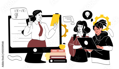 Students watching webinar. Woman lead lecture or lesson on internet. Education and training. Digital seminar and courses. Remote school or university. Linear vector illustration