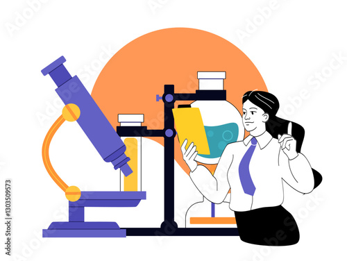 Woman studying science. Young girl near microscope and flasks with reagents. Scientific research in laboratory. Biochemistry and microbiology. Linear vector illustration