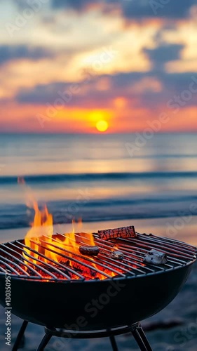 The grill sizzles as flames dance among the charcoal, while the sun sets beautifully over the ocean, creating a stunning backdrop for a peaceful evening by the beach.