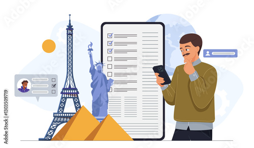 Tourist planning travel. Man with smartphone near clipboard, pyramids, Statue of Liberty and Eiffel Tower. Holiday and vacation, travel and tourism. Flat vector illustration