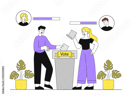 Voting for candidates. Man and woman throw ballots into ballot box. Democracy and freedom of choice. Elections and referendum. Political campaign. Linear vector illustration