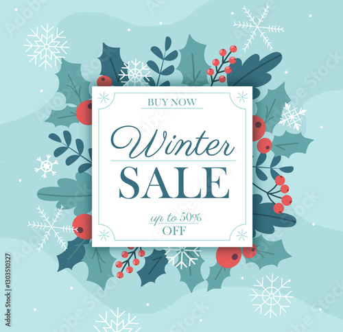 Winter sale poster. Discounts and promotions. Special limited offer. New Year and Christmas sales. Marketing, advertising and commerce. Booklet or flyer. Flat vector illustration