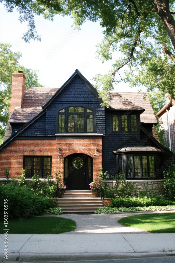 A delightful house featuring a beautiful combination of brick and wood, adorned with expansive windows, is nestled amidst lush greenery in a serene neighborhood, basking in the warmth of a sunny day
