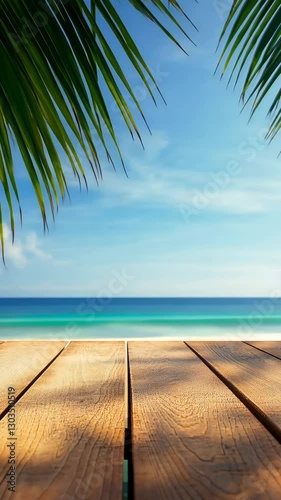 Beautiful ocean waves crash gently on the sandy shore as palm trees sway in the warm breeze. The clear blue sky enhances the serene tropical atmosphere.