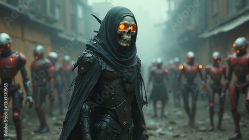   A futuristic elven necromancer with a glowing skull, adorned in a tattered cloak, commanding an army of robotic constructs from a scrapheap junkya, ultra detailed, 8k resolution, HDR, professional